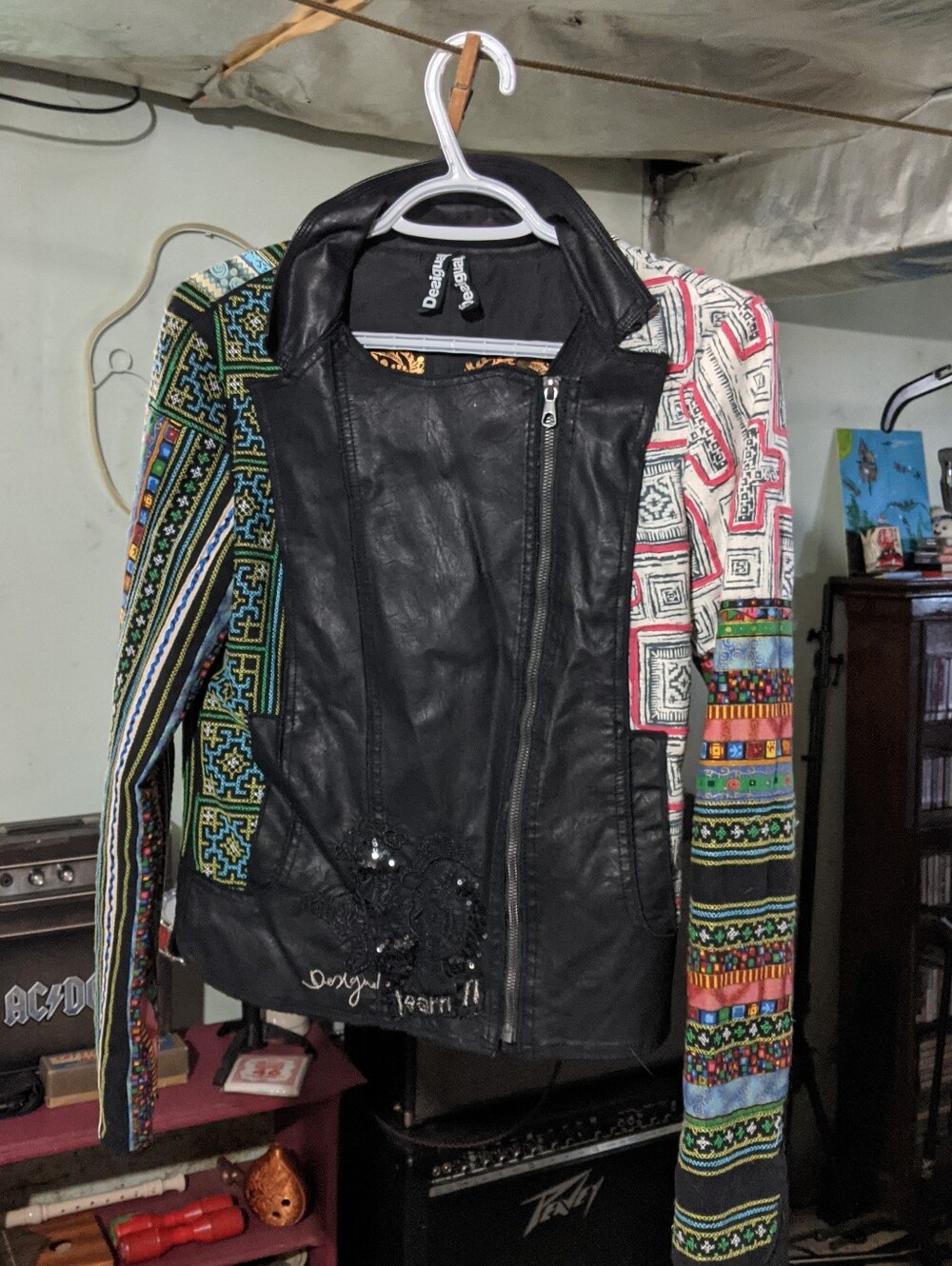 Desigual Women Black Faux Leather Embroidered Moto Biker Jacket size Eur 36